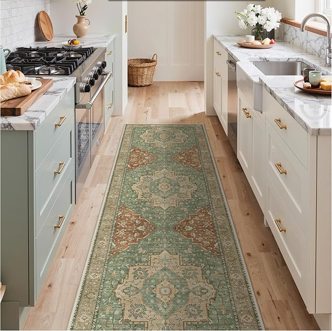 GENIMO Runner Rug 2'6"x8 Machine Washable Non Slip Vintage Hallway Runner Rug, Low Pile Lightweight Rugs for Indoor Entryway, Hallway, Kitchen and Corridor, Reddish Brick & Light Green