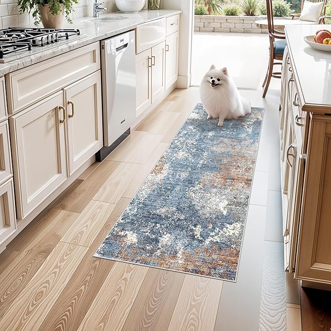 2x4 Runner Rug Washable Non-Slip – Small Throw Rug for Kitchen Floor, Bedroom, Entryway, Bathroom, Bedside – Modern Abstract Neutral Low-Pile Thin Indoor Door Mat（Blue Rust,2x4）