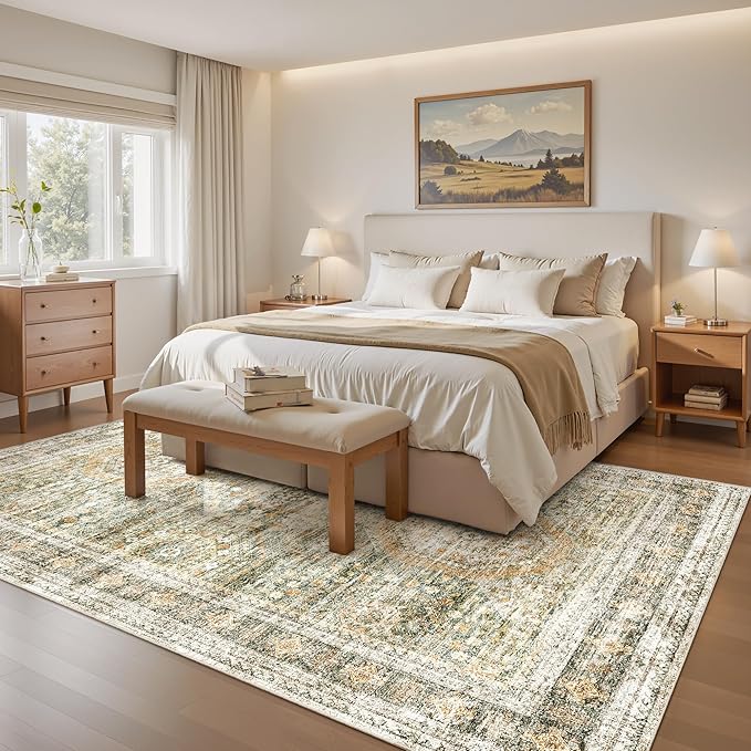 Soalmost 5x7 Area Rugs Green Orange Low Pile Indoor Washable Trendy Faded Style Rugs for Bedroom Living Room Dining Room Foldable Non-Slip Thin Print Mat