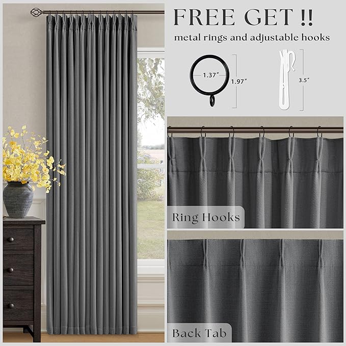Grey Pleated Linen Blackout Curtains 80 Inches Long for Bedroom Living Room Pinch Pleat Black Out Thermal Insulated Ring Hooks Back Tab Room Darkening Drapes Charcoal Gray 80 Inch Curtains with Liner