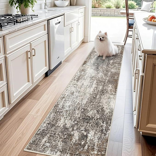 Washable 2x8 Kitchen Rug Runner – Non-Slip Stain-Resistant Soft Carpet Runner for Hallway Entryway Bedroom Bathroom, Modern Abstract Neutral Low-Pile Area Rug (Brown Beige,2x8)