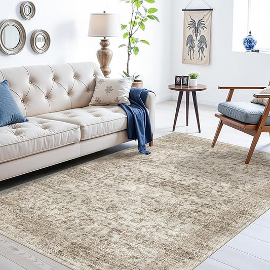 Living Room Washable Area Rugs 4x6 - Ultra-Thin Home Decor Mat for Bathroom/Nursery/Office-Vintage Soft Bedroom Carpets with Non Slip Backing Stain Resistant Rug for Household Women 4x6 Beige Brown