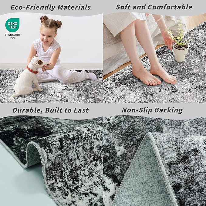 4x10 ft Extra Wide Hallway Rug – Non-Slip Washable Large Carpet Runner for Kitchen, Indoor Entryway, Modern Abstract Low-Pile Thin Floor Mat for Bedroom, Living Room, Dining Room (Black Grey,4x10)