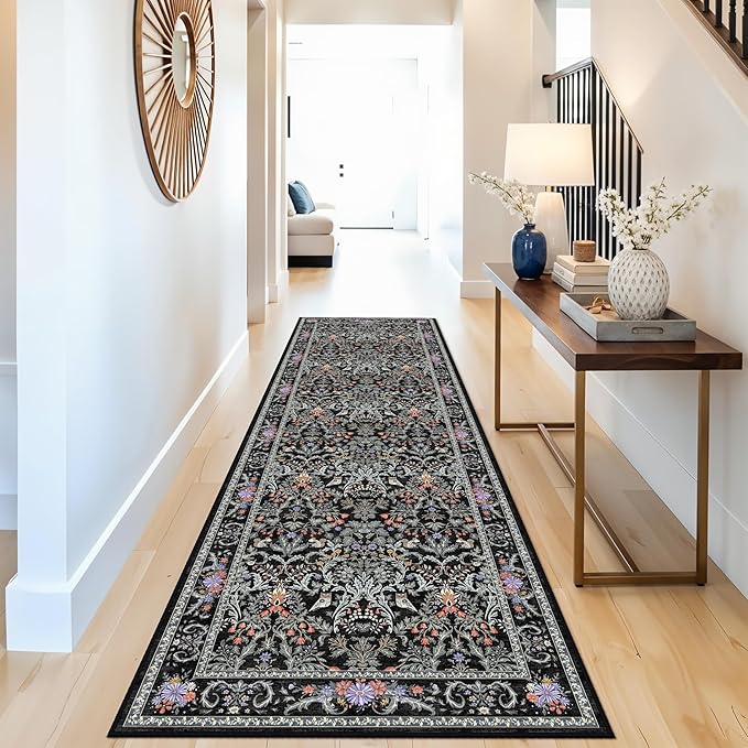 3x10 Botanical Hallway Runner Rug - Non-Slip Washable Long Kitchen Entryway Carpet Runner with Rubber Backing, Boho Floral Soft Low Pile Stain-Resistant (Vibrant Black)