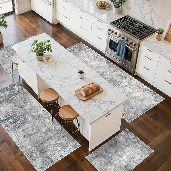 Kitchen Rug Set 4-Piece with Runner – Washable Non-Slip Floor Mats for Sink,Entryway,Hallway,Bathroom – Modern Abstract Neutral Soft Throw Rugs(Blue Grey,2x3+2x4+2x5+2x6)
