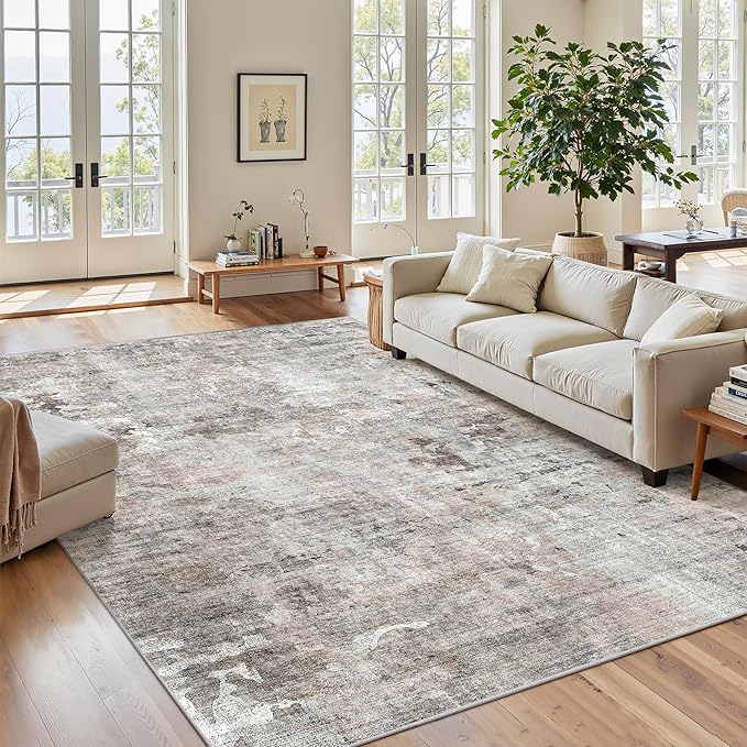 Soalmost Abstract Rug 5x7 Machine Washable Area Indoor Pink Grey Low Pile Non-Slip Foldable Thin Accent Gray Rugs for Bedroom Living Room Dining Room