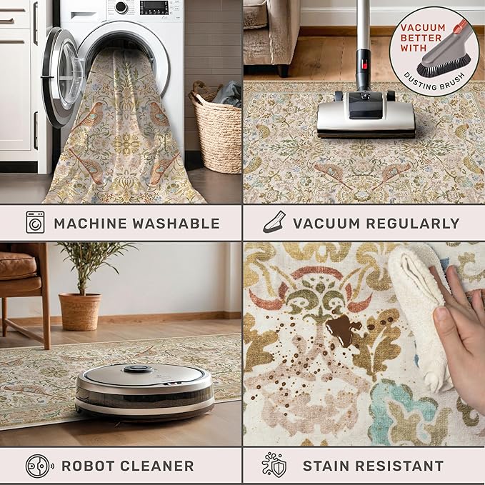 Hazo Haus Washable Area Rugs 5x7 for Living Room - Boho Cottagecore Earthy Rugs for Bedroom, Dining Room, Office with Vintage Beige Taupe Botanical & Bird Pattern, Non Slip Stain Resistant Low Pile