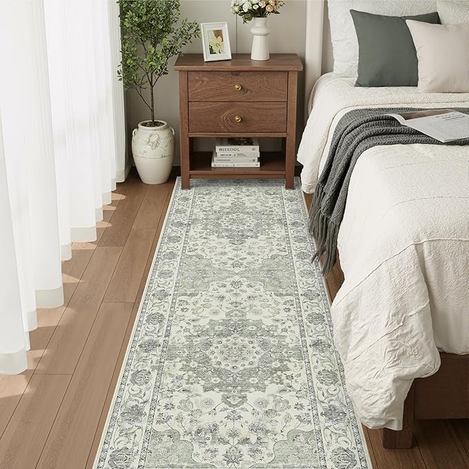 Washable Hallway Runner Rug - 2x6 Kitchen Rug Distressed Low Pile Mats Non Slip Soft Rugs for Dining Room with Rubber Backing Bedroom Runner with Vintage Design (Green 2x6)