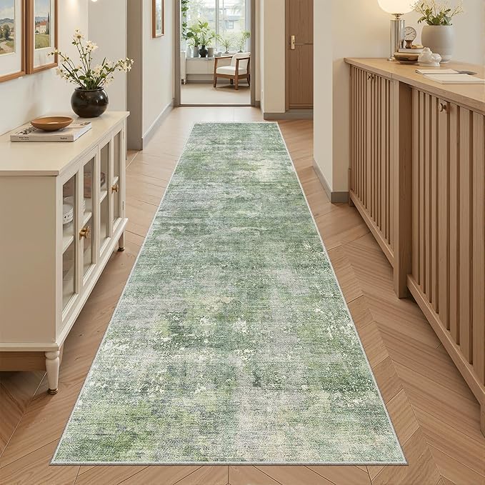 Soalmost Runner Rug 2x8 Washable Non-Slip Hallway Runner Rugs for Kitchen Bathroom Laundry Room Green/Ivory Vintage Floor Carpet Runners for Hallways Entryway