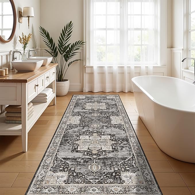 3x7 Washable Entryway Rug Runner - Vintage Non Slip Stain Resistant Runners Ultra-Thin Soft Carpets for Kitchen Hallway Bedroom Laundry Room Distressed Indoor Home Decor Mat 3X7 Black