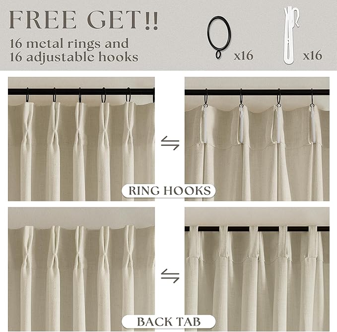 Beige Pinch Pleated Linen 72 Inch Curtains 2 Panels for Living Room Bedroom Memory Training Shaped Neutral Semi Sheer Short Pleat Drapes with Hooks Rings Back Tab Window Curtain Cabin Closet 40x72