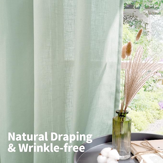 YoungsTex Mint Green Linen Semi Sheer Curtains 84 Inches Length for Living Room Spring Decor - Sage Light Filtering Drapes with Grommet Boho for Bedroom Dining Lightweight, 2 Panels, 52 X 84 Inch