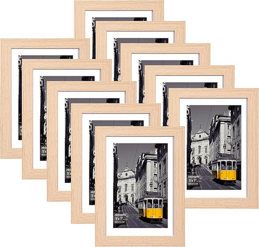 eletecpro 5x7 Picture Frames Set of 10, Picture Frames Collage Wall Decor Display 4x6 Photo With Mat or 5x7 without Mat, Home Decor Gallery Frame for Table Top or Wall Mounting, Natural