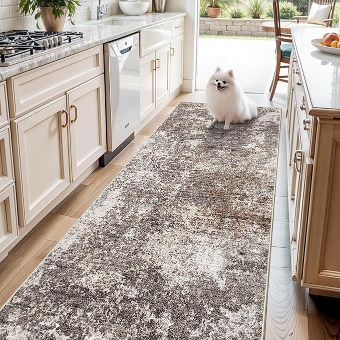 4x10 ft Extra Wide Hallway Rug – Non-Slip Washable Large Carpet Runner for Kitchen, Indoor Entryway, Modern Abstract Low-Pile Thin Floor Mat for Bedroom, Living Room, Dining Room (Brown Beige,4x10)