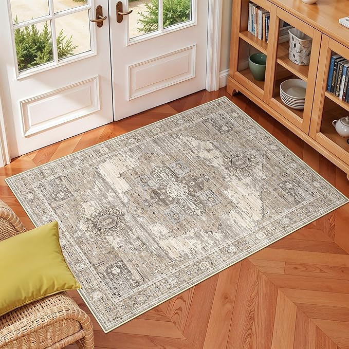 RUUGME Beige Washable Entry Rug : 3x4 Rugs for Entryway Kitchen Bathroom Indoor - Soft Stain Resistant Carpets Distressed Floor Decor Mat 3x4 Beige