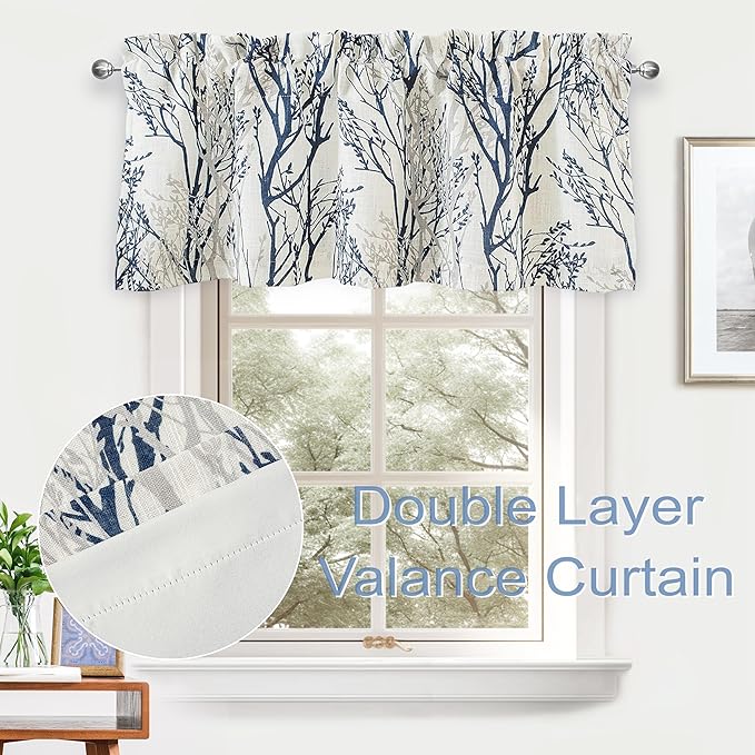 DriftAway Tree Branch Linen Lined Valance Double Layer Thermal Insulated Room Darkening Blackout Valances 3 Inch Rod Pocket Short Window Valance for Living Room Bathroom 52 Inch by 18 Inch Blue
