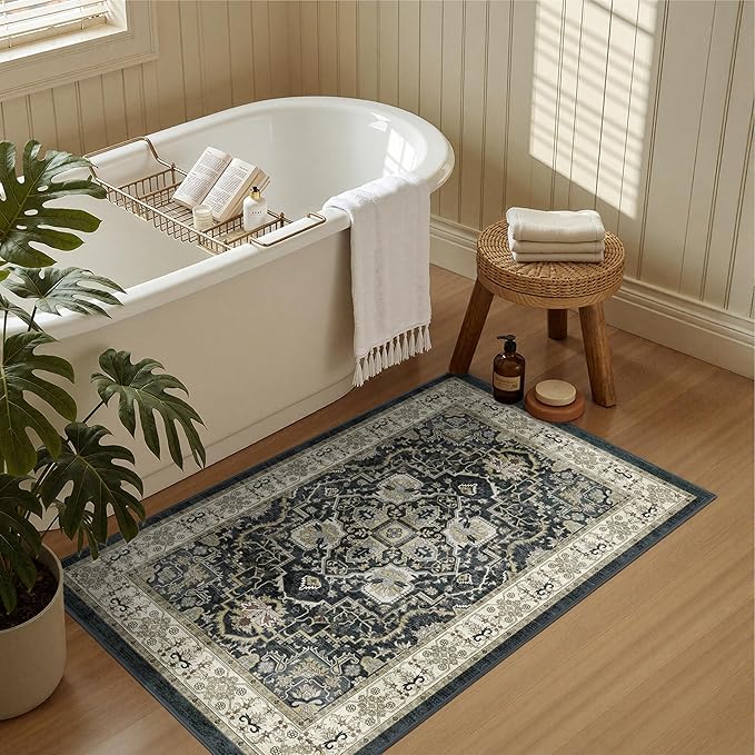 Washable Entryway Runner Rug - 2x3 Kitchen Rug Distressed Low Pile Mats Non Slip Soft Rugs for Dining Room with Rubber Backing Bedroom Runner with Vintage Design (Black 2x3)