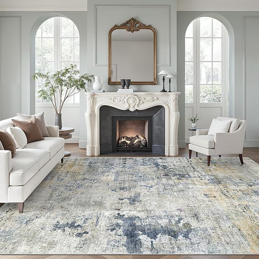 Soalmost Abstract Rug 8x10 Large Living Room Rugs Neutral Modern Washable Area Rugs for Bedroom Dining Room Non-Slip Stain Resistant Foldable Thin Rug Blue Yellow