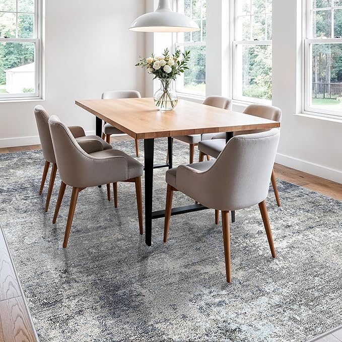 8x10 Washable Living Room Rug – Modern Neutral Abstract Large Area Rug for Bedroom Dining Room Kitchen Home Office Under Table – Non-Slip Low Pile Soft Thin Indoor Carpet（Blue Grey,8x10）