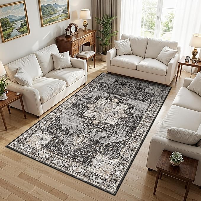 Washable 4x7 Area Rug for Entryway: Vintage Distressed Rugs with Non Slip Backing Low Pile Soft Indoor Carpet for Living Room/Kitchen/Bedroom Stain Resistant Decor Mat for High-Traffic Areas 4x7 Black