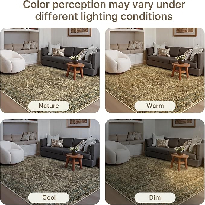 Bavni Round Rug 5ft-Machine Washable Area Rugs Non-Slip for Bedroom, 5x5 Vintage Floral Rug Distressed Throw Carpet for Living Room Nursery Kitchen Bathroom, Green