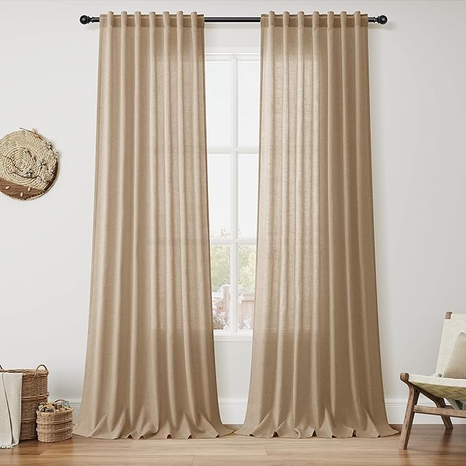 Nanspring Sand Beige Curtains 96 Inches Long for Living Room Flax Linen Light Filtering Luxury Simple Modern Semi Curtains Back Tab Privacy Semi Sheer Curtain for Bedroom Office 52x96, 2 Panels