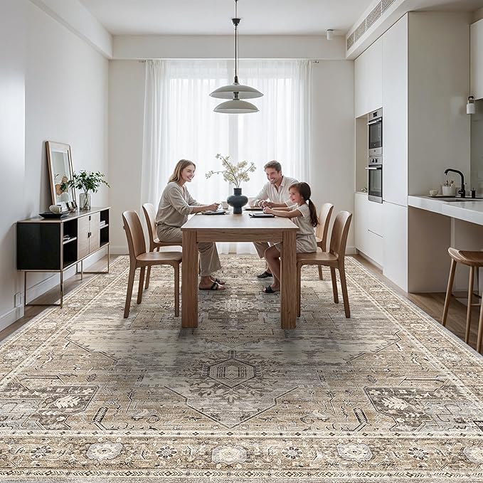 RUUGME Washable 12x15 Area Rug - Large Vintage Area Rugs with Non Slip Backing Stain Resistant Carpet for Bedroom Dining Room Indoor Soft Carpets Home Decor Decoration Mat 12x15 Beige