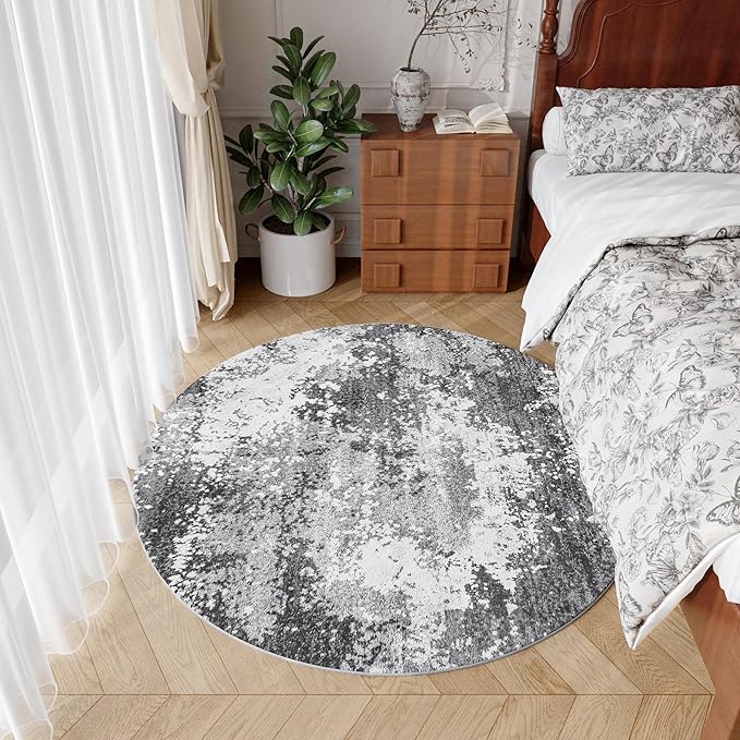 Round Area Rugs 4ft Washable Grey Circle Rug for Entryway Kitchen, Non Slip Soft Low Pile Stain Resistant, Boho Circular Carpet for Living Room Bedroom Dorm Dining Room Table, Abstract Gray