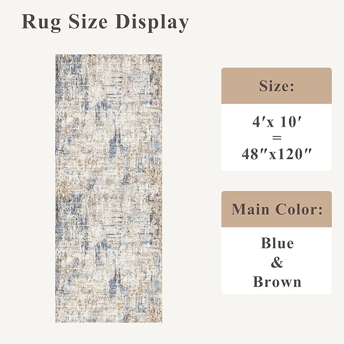 4x10 ft Extra Wide Hallway Rug – Non-Slip Washable Rubber-Backed Large Carpet Runner for Kitchen, Entryway | Modern Abstract, Low-Pile Thin Floor Mat for Bedroom Living Room Dining Room(Blue Brown)