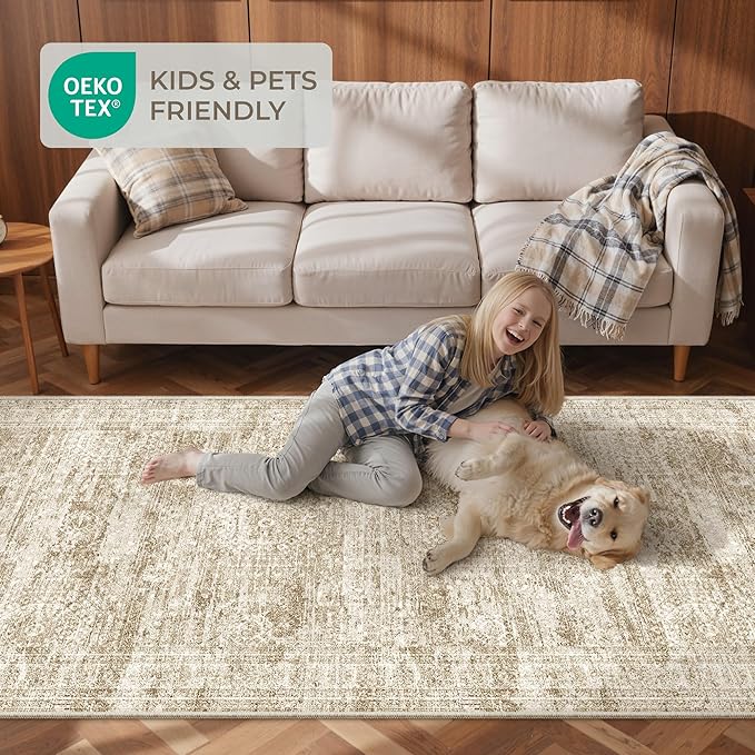 3x20 Washable Runner Rug for Hallway, Non-Slip Long Hallway Runner for Entryway, Soft Vintage Kitchen Mats for Floor, Abstract Dining Room, Bedroom, Living Room Rugs(3'x20', Brown/Ivory)