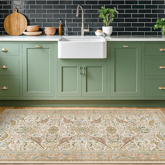 Hazo Haus Boho Long Bathroom Runner Rug 2x6 - Floral & Bird Runner Rug for Kitchen Floor, Hallway, Laundry Room, Bedroom, Entrance, Beige Neutral Vintage Decor, Washable Non Slip Low Pile
