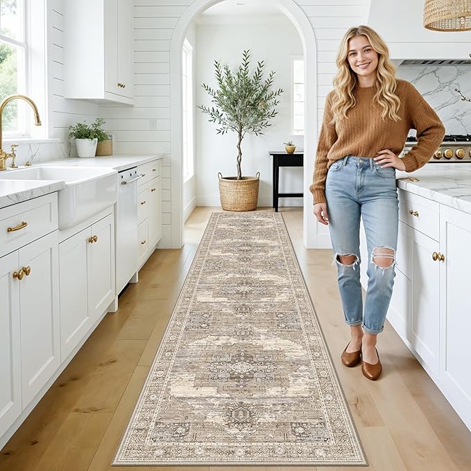 RUUGME Washable 2x10 Runner Rug - Long Boho Rugs for Kitchen Hallway Entryway Low Pile Stain Resistant Carpet with Non Slip Backing Indoor Vintage Home Decor Floor Mat for Bedroom Bathroom 2X10 Beige
