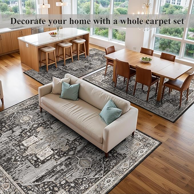 RUUGME Living Room 8x11 Area Rugs, Washable Non-Slip Low Pile Soft Rugs,Boho Distressed Indoor Carpet for Bedroom Dining Room Playroom Home Office 8x11 Black