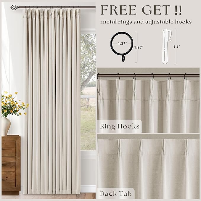 Pinch Pleated Blackout 102 Inch Curtains 70 Inch Wide Linen Dual Layer Soundproof Farmhouse Bedroom Window Curtains for Living Room Cream Natural Hooks Rings Back Tab 100% Black Out Drapes 1 Panel