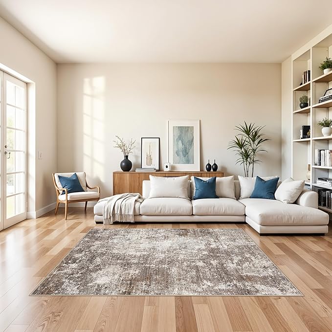 5x8 Washable Living Room Area Rug – Modern Neutral Abstract Rug for Bedroom, Kitchen, Dining Room – Non-Slip Low Pile Soft Indoor Carpet (Brown Beige,5x8)