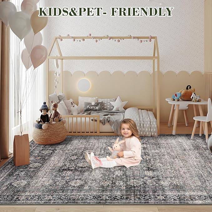 GarveeHome Washable Area Rugs 6x9 Vintage Printed Accent with Non-Slip Backing, Stain-Resistant Oriental Throw Rugs, Farmhouse Low Pile for Bedroom, Living Room, Green Camel