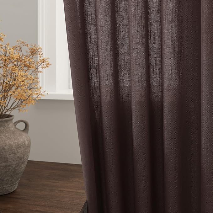 Nanspring Coffee Linen Curtains for Living Room Back Tab Light Filtering Privacy Semi Sheer Drapes Modern Farmhouse Decor Linen Textured Gauze Curtain for Bathroom Bedroom 2 Panels Set 52x72
