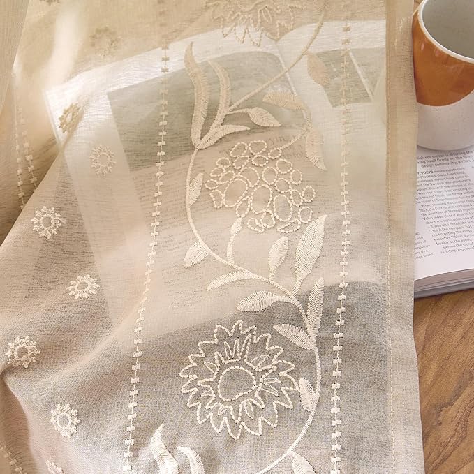 jinchan Winslow Sheer Curtains 96 Inch for Bedroom Living Room Embroidered Bordered Floral Nursery Curtains for Playroom Light Filtering, Ivory on Beige, 2 Panels, 50W x 96L