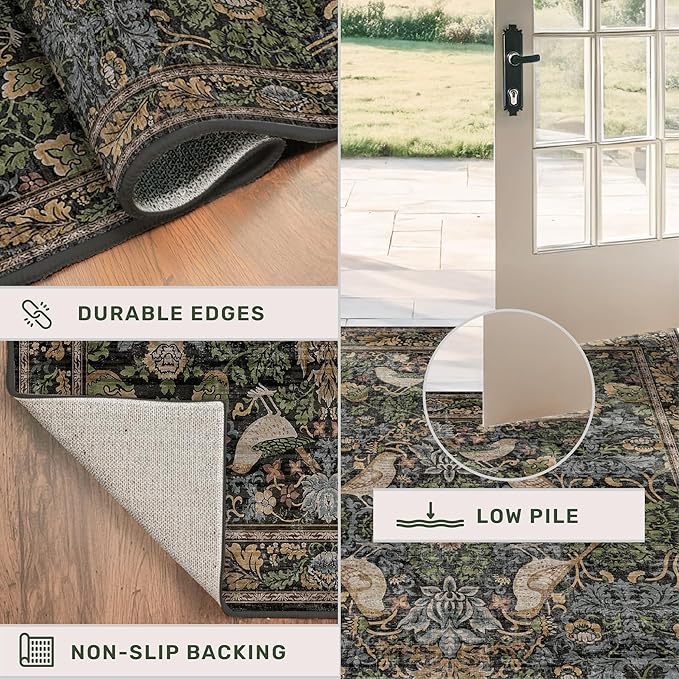 Large Entryway Rugs Indoor - 3x5 Washable Rugs for Kitchen Bedroom Beside Bed Door Mat Indoor Entrance with Moody Woodland Flowers, Non Slip Stain Resistant Low Pile