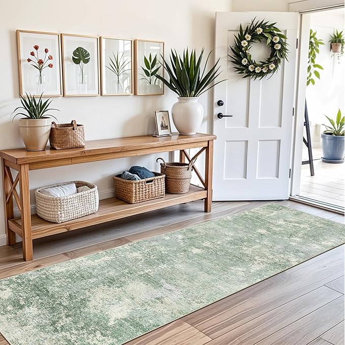 2x8 Washable Hallway Runner Rug – Non-Slip Modern Abstract Neutral Low-Pile Stain-Resistant Carpet Runner for Kitchen Entryway Bedroom Bathroom (Sage Green,2x8)