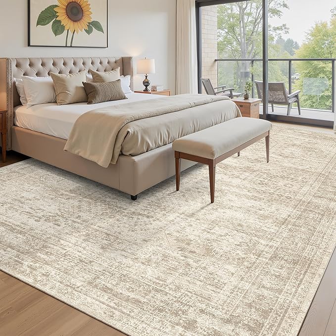 Soalmost Area Rug 10x12 Vintage Washable Living Room Large Carpet Non Slip Bedroom Indoor Office Dining Room Low Pile Thin Rug Beige