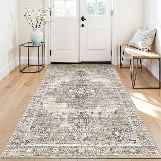 RUUGME 4x7 Washable Kitchen Area Rug, Ultra-Thin Soft Entryway Rugs Vintage Non Slip Stain Resistant Carpets for Small Living Room Bedroom Dining Room Low Pile Indoor Home Decor Mat 4x7 Beige