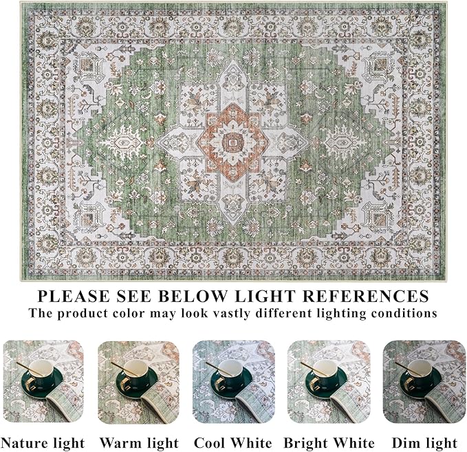 RUUGME Living Room 10x14 Area Rugs - Washable Lightweight Area Rug Stain Resistant Carpet Vintage Soft Rugs for Bedroom with Non Slip Backing Indoor Ultra-Thin Rugs Home Decor 10x14 Sage/Green