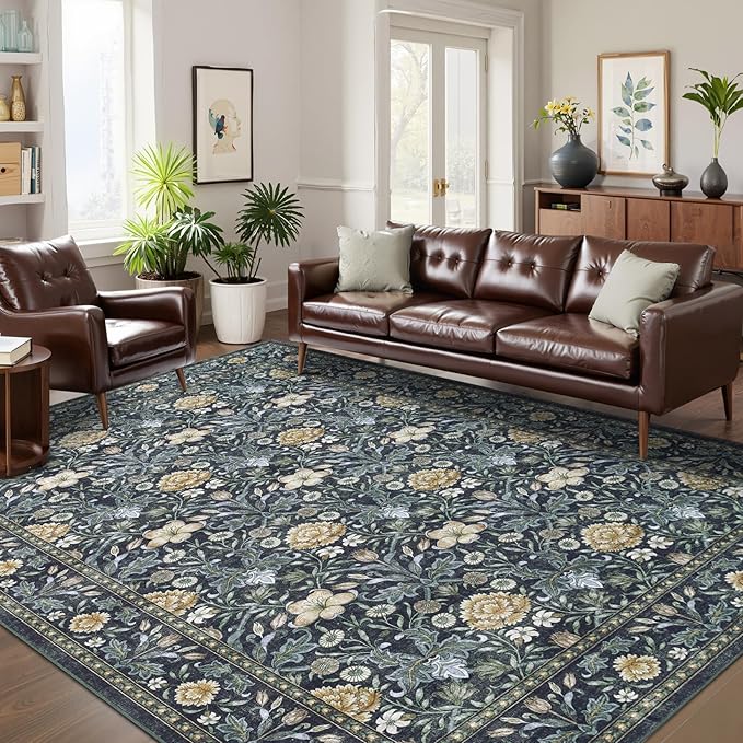 GarveeHome Large Area Rugs 9x12 for Living Room, Retro Floral Washable Rug Soft Non Slip Floor Mat Carpet Indoor Thin Accent Rug for Bedroom Dining Room Playroom Nursery Home Decor