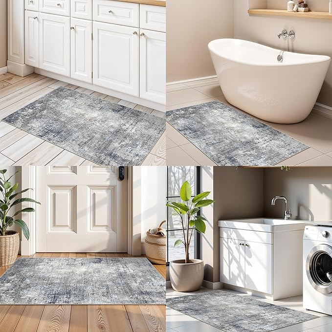 2x4 Runner Rug Washable Non-Slip – Small Throw Rug for Kitchen Floor, Bedroom, Entryway, Bathroom, Bedside – Modern Abstract Neutral Low-Pile Thin Indoor Door Mat（Blue Grey,2x4）