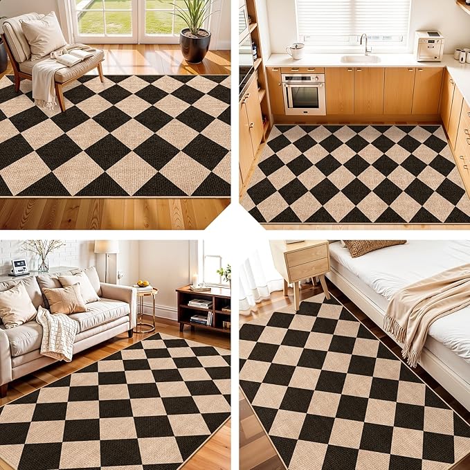 Checkered 3x5 No Shed Jute Rug: Machine Washable Non Slip Rugs Entryway Front Porch Kitchen - Door Mat Area Rug Farmhouse Neutral Non Shedding - Carpet for Bedroom Living Room (Black/Brown,3x5)
