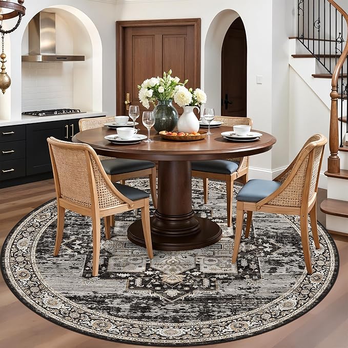 RUUGME Round Area Rug: Machine Washable Stain Resistant 5 Round Rug for Living Room,Bedroom Non Slip Low Pile Carpets for Dining Room Ultra Thin Soft Home Decor Floor Mat 5ft Black