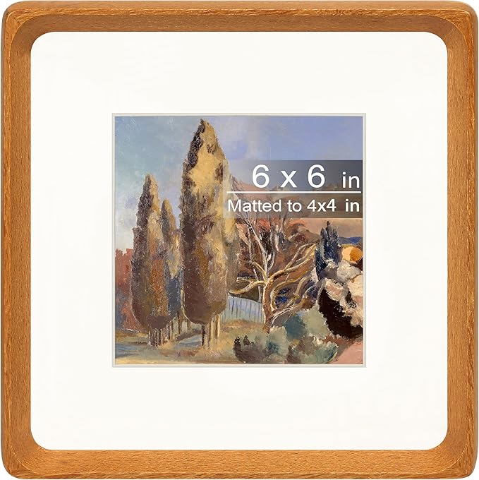 Square 6x6 Picture Frame with Mat for 4x4, Natural Teak Wood Handcrafted Rounded Corner with Real Glass, Vertical or Horizontal Display Photo Gallery Wall & Tabletop Frame