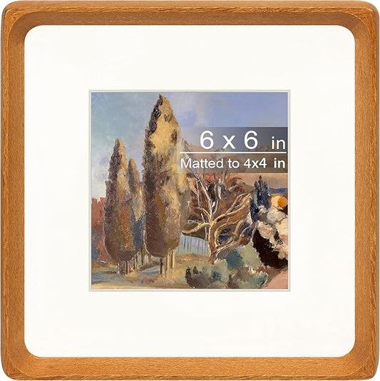 Square 6x6 Picture Frame with Mat for 4x4, Natural Teak Wood Handcrafted Rounded Corner with Real Glass, Vertical or Horizontal Display Photo Gallery Wall & Tabletop Frame