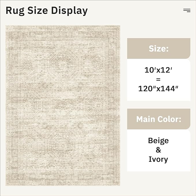 Soalmost Area Rug 10x12 Vintage Washable Living Room Large Carpet Non Slip Bedroom Indoor Office Dining Room Low Pile Thin Rug Beige
